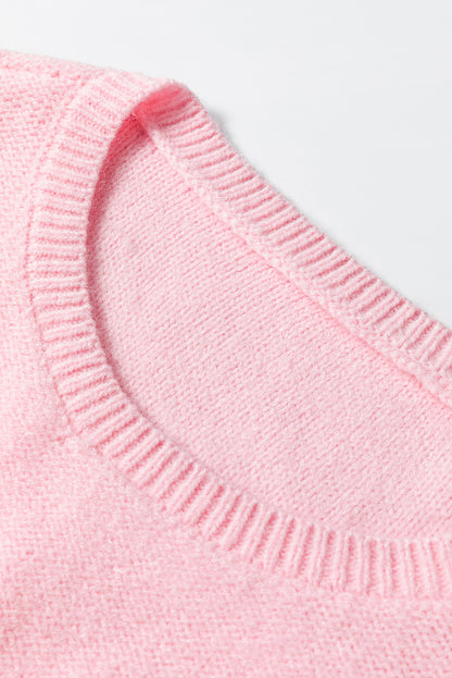 Knitted Flower Pattern Ribbed Edge Sweater | Pink