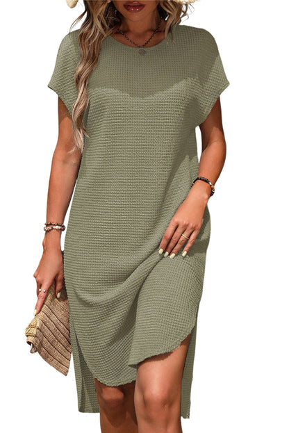 Waffle Texture Curved Hem Side Slit T-Shirt Dress | Jungle Green