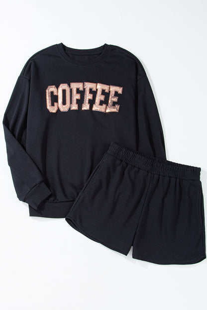 Sequined Coffee Loose Fit Sweatshirt And Shorts Set | Black