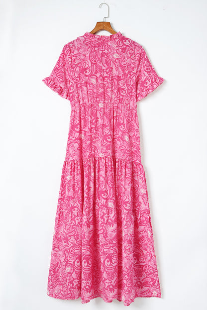 Paisley Print Boho Holiday Ruffle Tiered Maxi Dress | Pink