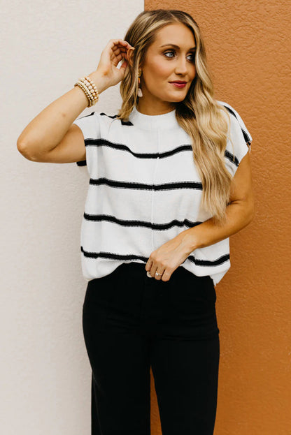 Striped Batwing Sleeve Sweater Tee | White