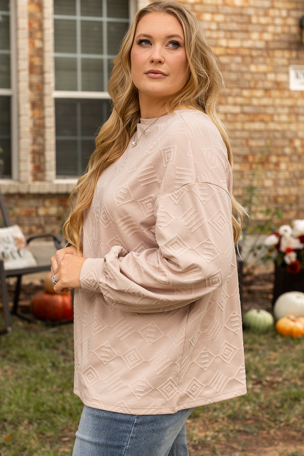 Plus Size Textured Drop Shoulder Crew Neck Sweatshirt | Parchment