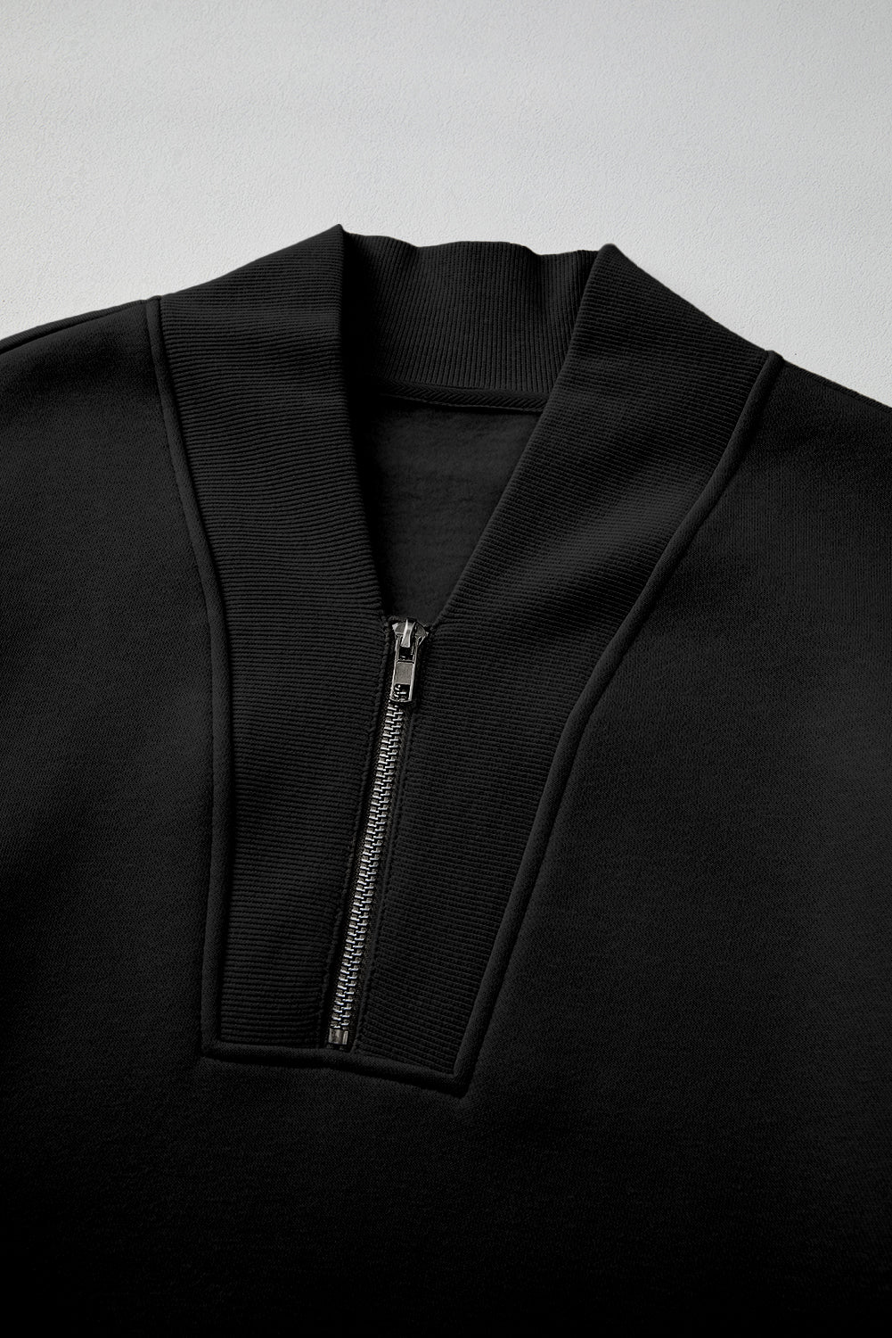 Plain Half Zip V Neck Ribbed Edge Loose Tracksuit | Black