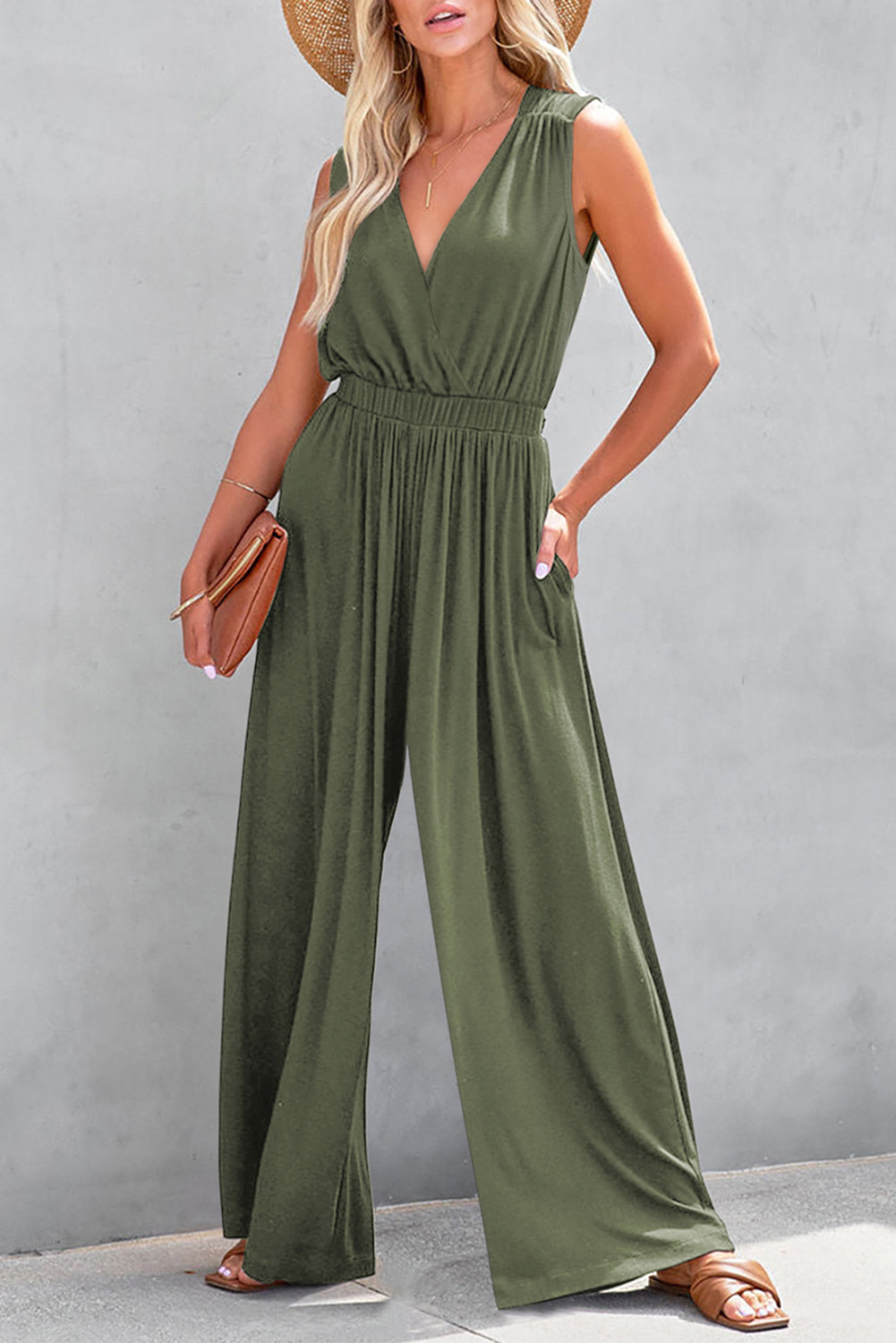 Deep V Pleated Crisscross Wide Leg Backless Jumpsuit | Jungle Green