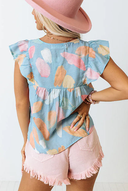 Splotches Pattern Ruffled Cap Sleeve Shift Top | Sky Blue