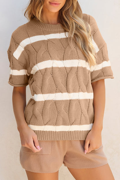 Striped Cable Short Sleeve Sweater | Dark Khaki