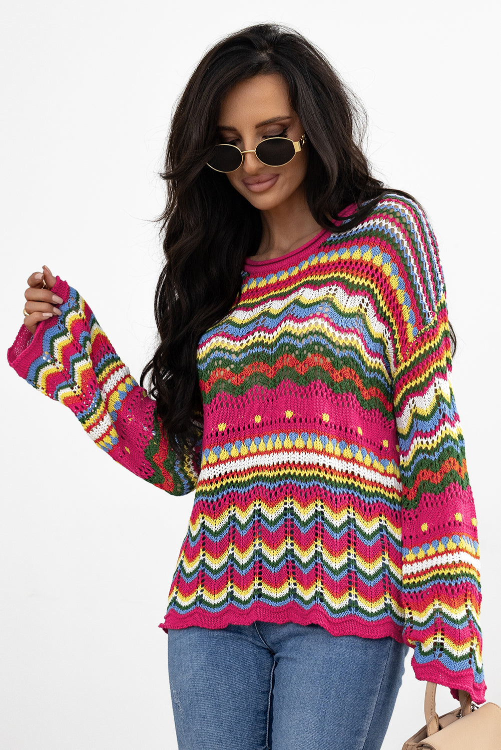 Colourblock Striped Hollowed Knit Loose Sleeve Sweater | Rose Red