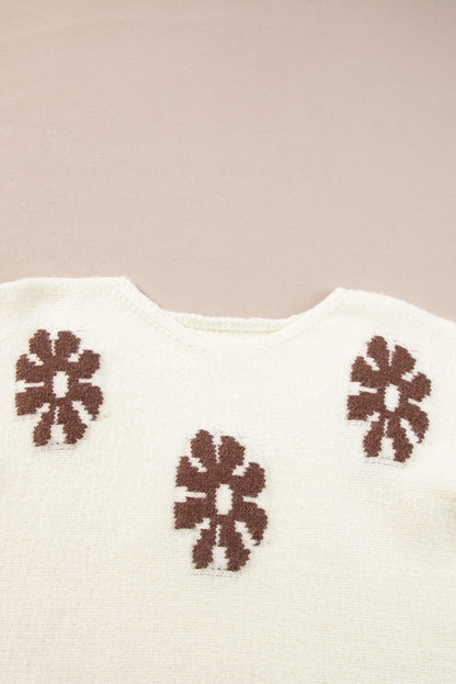 Colourblock Floral Pattern Round Neck Sweater | White