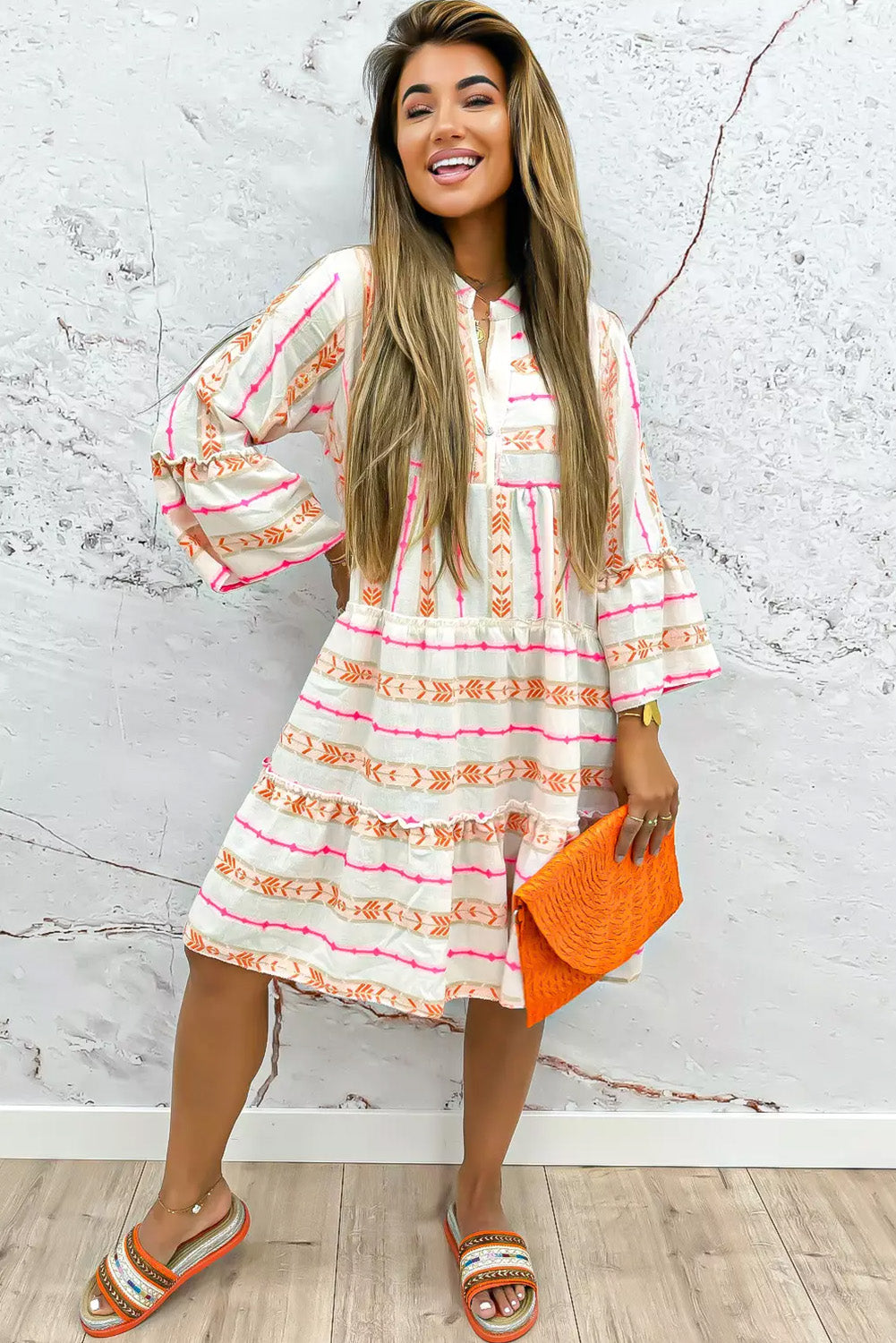 Bohemian Printed Bracelet Sleeve Slit Neck Ruffled Loose Dress | Orange