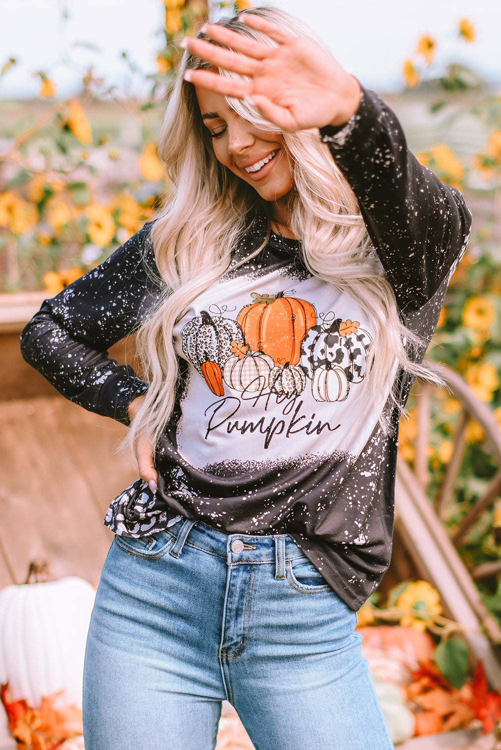 Leopard Bleached Pumpkin Graphic Long Sleeve Top | Black