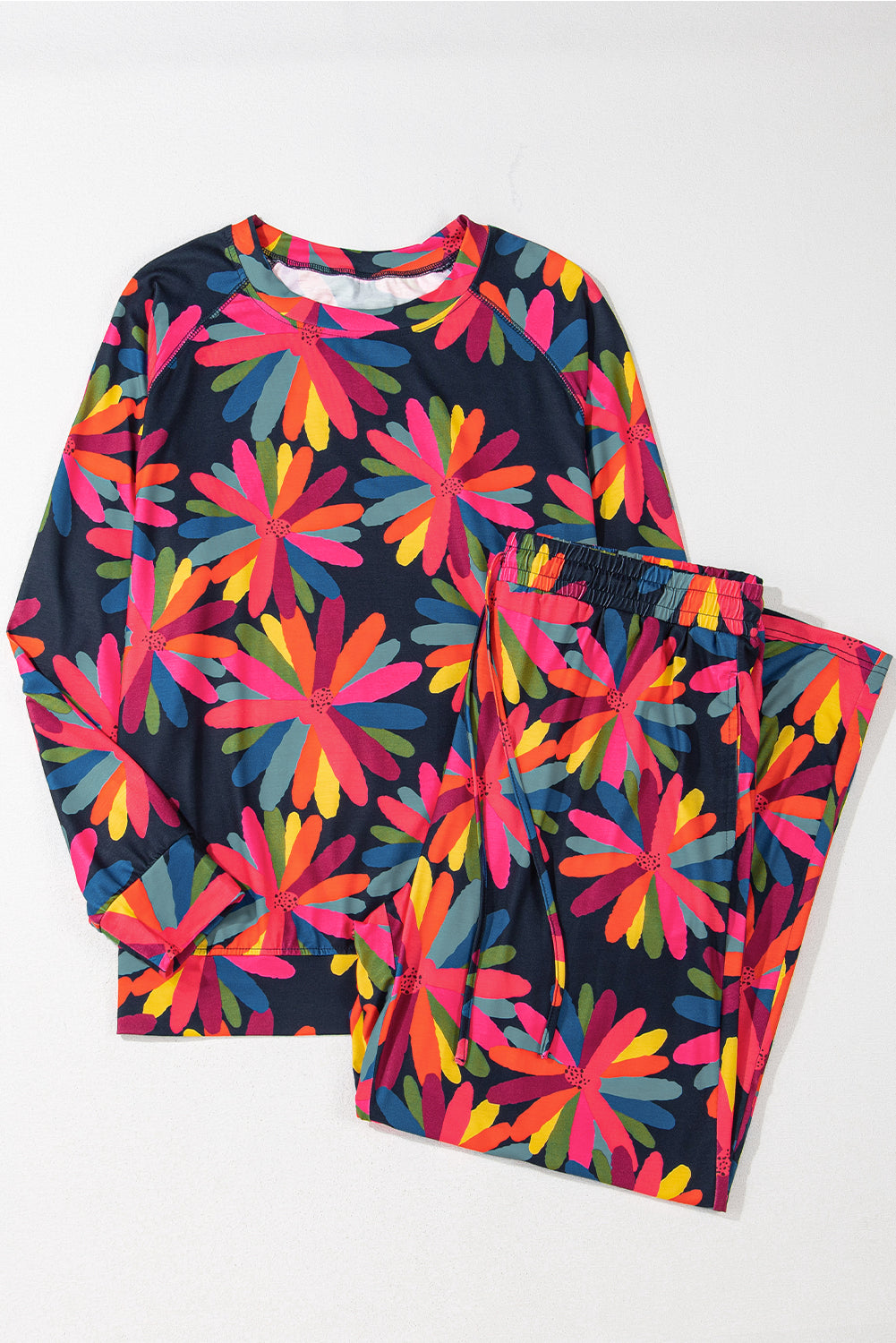 Plus Size Printed Long Sleeve And Pants Lounge Set | Black