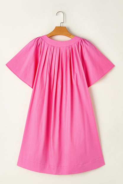 Split V Neck Short Flutter Sleeve Pleated Shift Dress | Bonbon