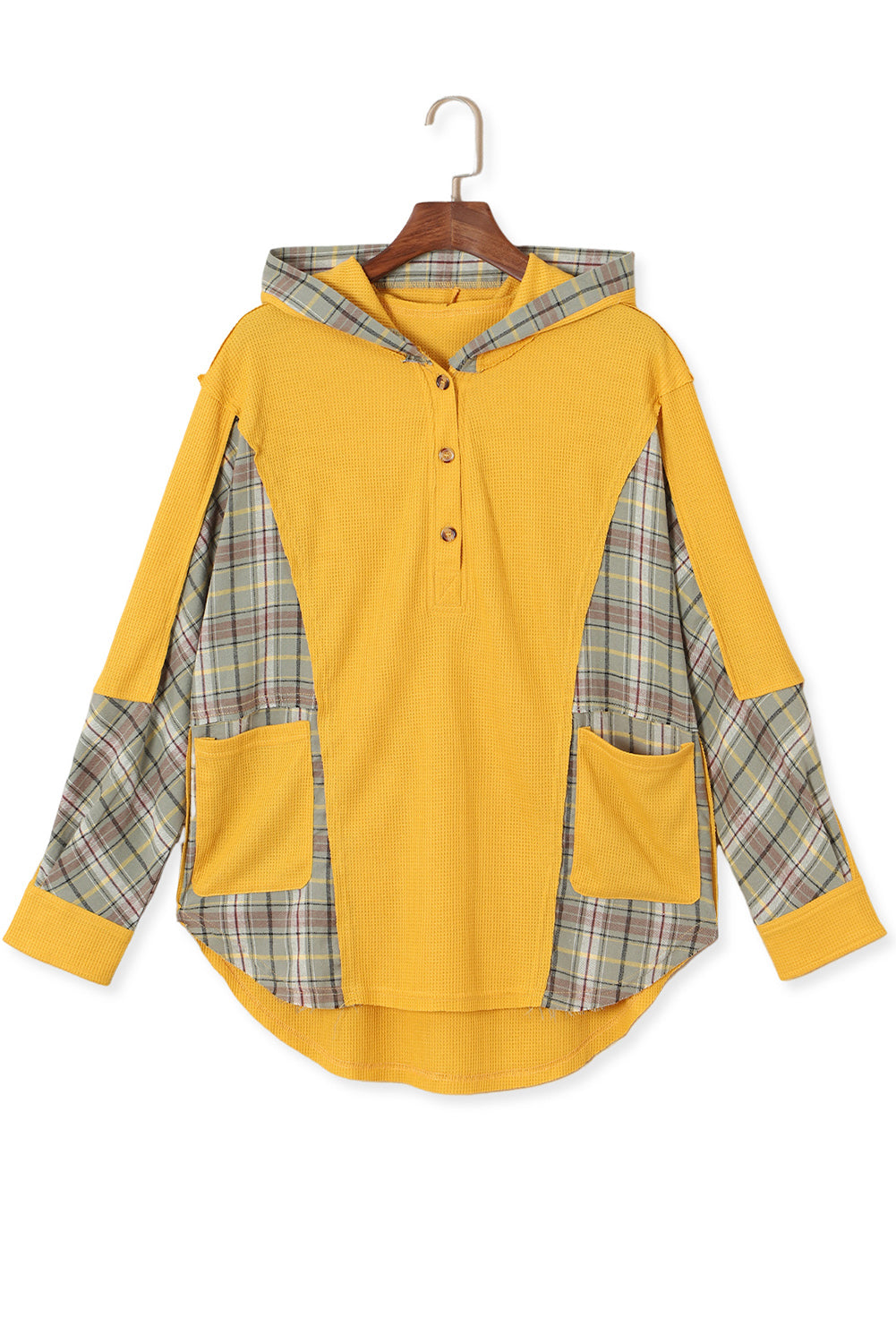 Waffle Knit Plaid Patchwork Pocketed Henley Hoodie | Yellow