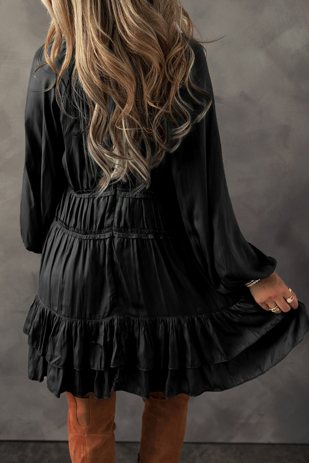 Tiered Ruffled Puff Sleeve Loose Fit Mini Dress | Black