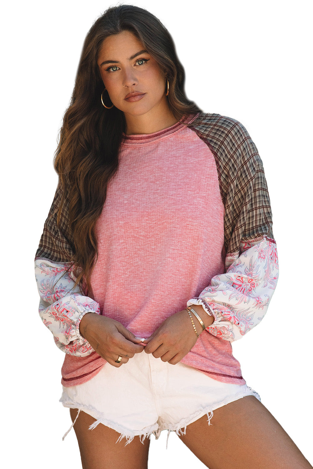 Mixed Print Raglan Sleeve Ribbed Knit Patchwork Blouse | Fushia