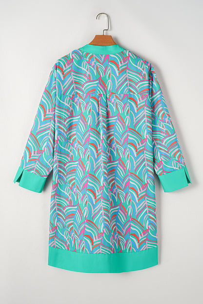 Plus Size Palm Pattern Long Sleeve Shift Dress | Green