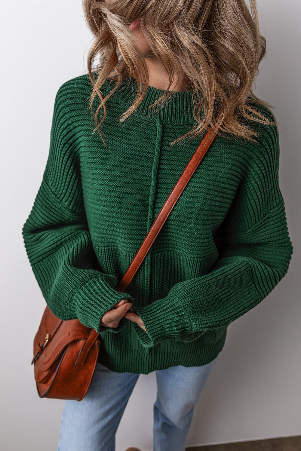 Textured Knit Crewneck Lantern Sleeve Sweater | Blackish Green