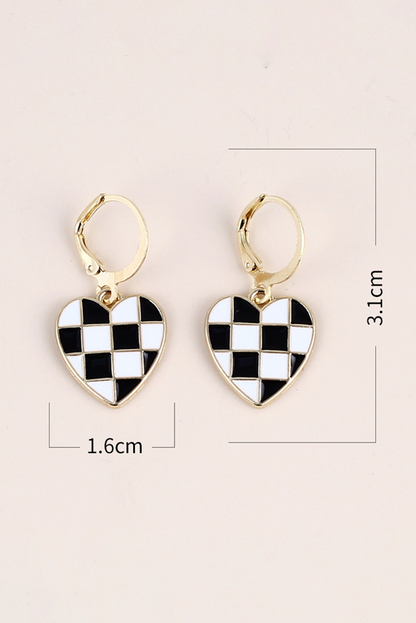 Checkered Heart Shape Hoop Dangle Earrings | Black