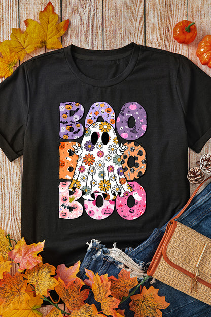 Boo Floral Ghost Print Crew Neck Halloween T Shirt | Black