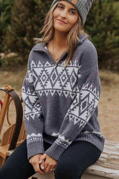 Western Geometric Printed Quarter Zip Pullover Sweater | Gray