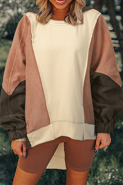 Oversized Colour Block Patchwork High Low Hoodie | Beige