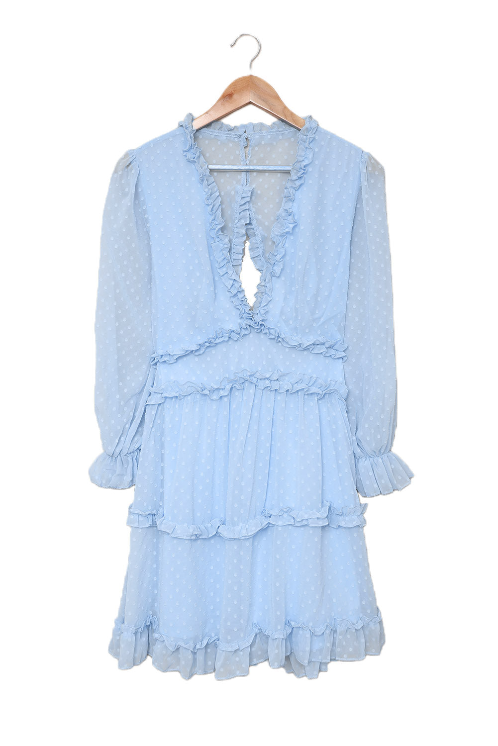 Layered Ruffled Open Back Puff Sleeve Swiss Dot Mini Dress | Sky Blue