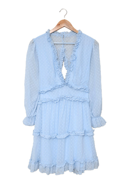 Layered Ruffled Open Back Puff Sleeve Swiss Dot Mini Dress | Sky Blue