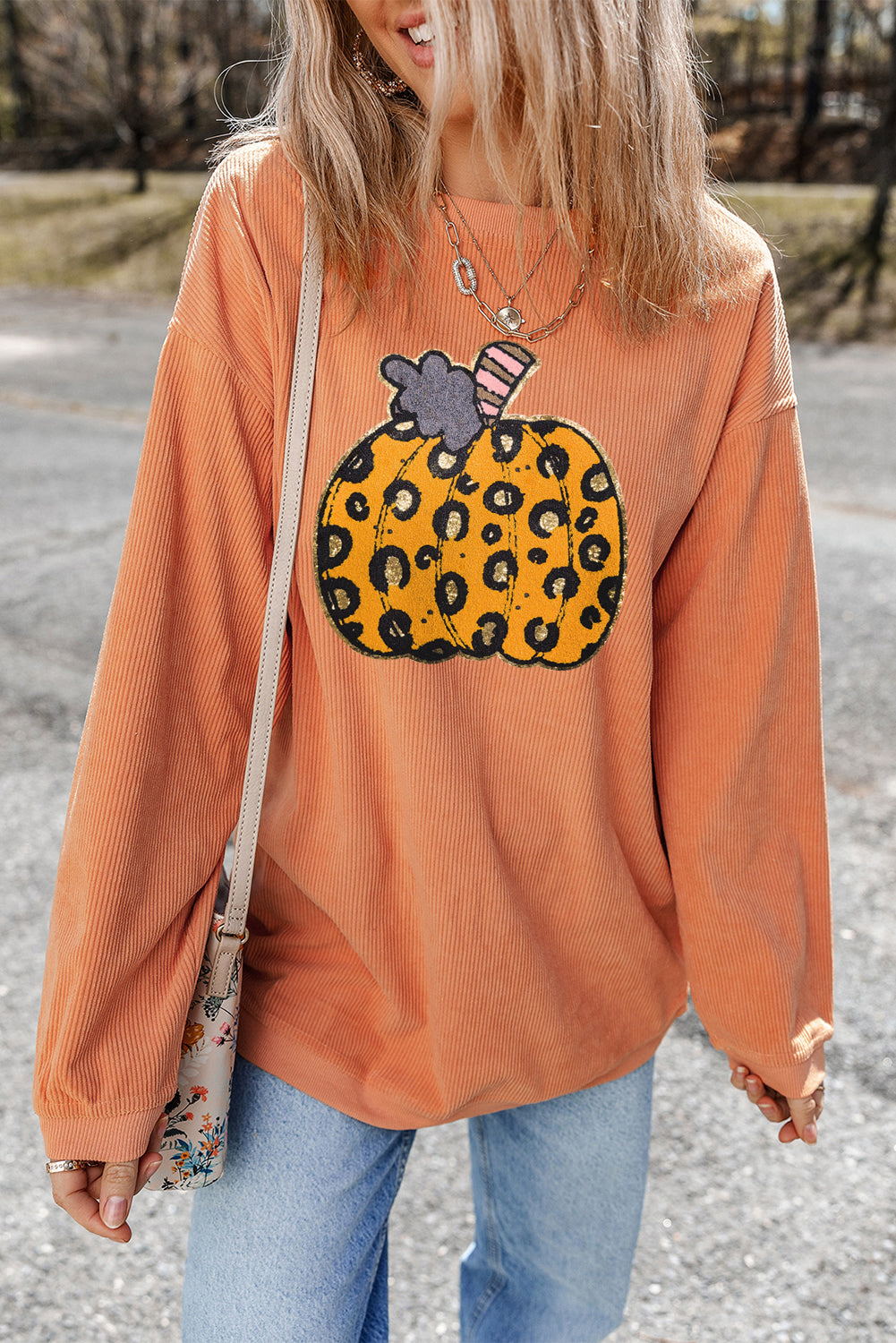 Halloween Leopard Pumpkin Patchwork Ribbed Sweatshirt | Orange