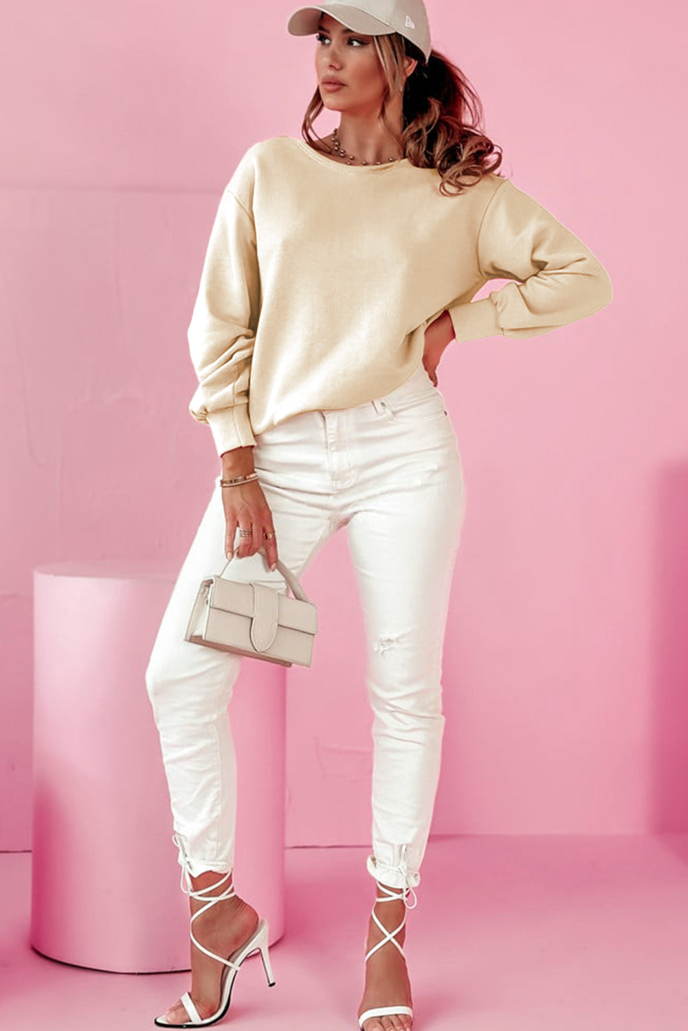 Bowknot Dewback Round Neck Sweatshirt | Apricot