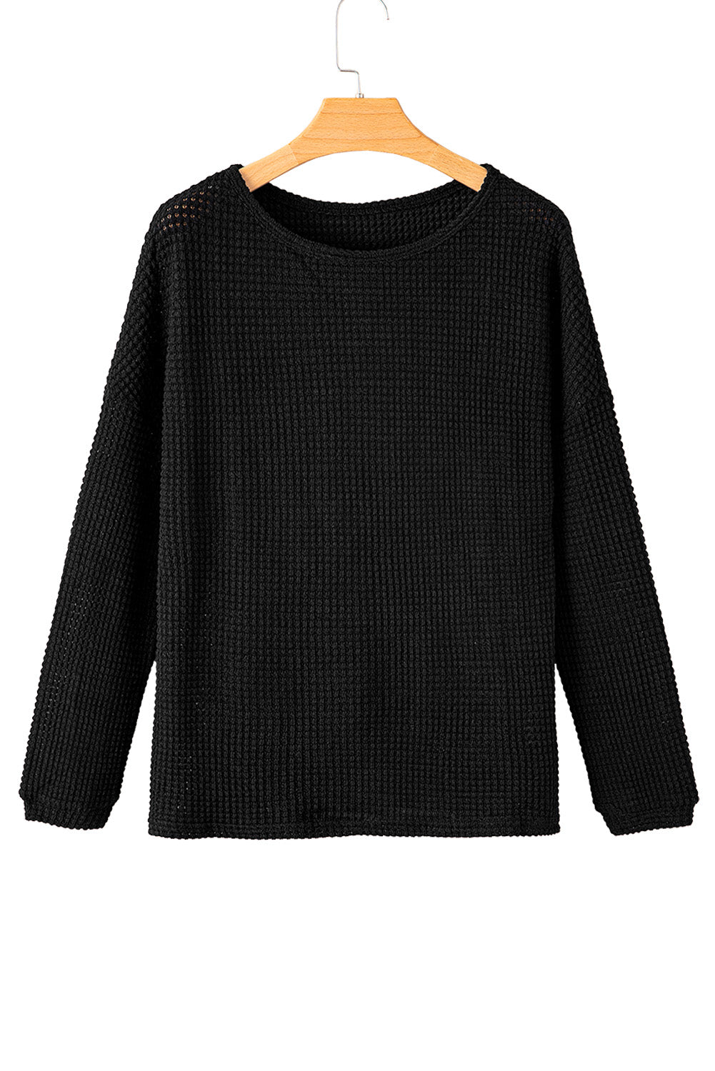 Waffle Knit Drop Shoulder Long Sleeve Top | Black