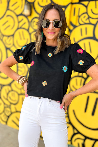 Embroidered Flower Short Puff Sleeve Tee | Black