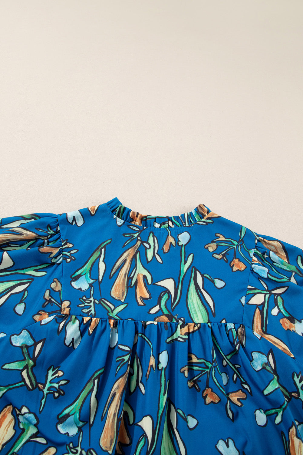 Floral Notched V Neck Half Sleeve Plus Size Blouse | Blue