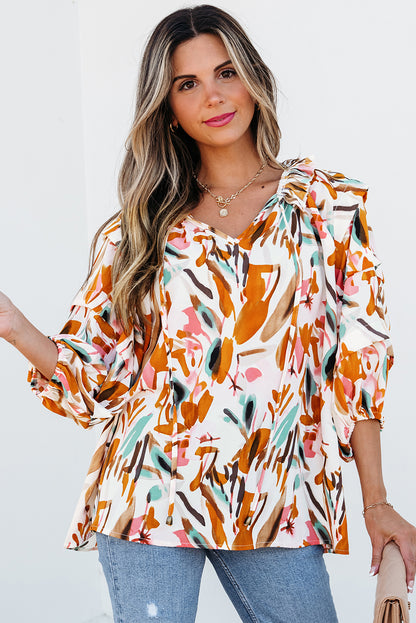 Abstract Print Drawstring Frilled V Neck 3/4 Sleeve Blouse | Yellow