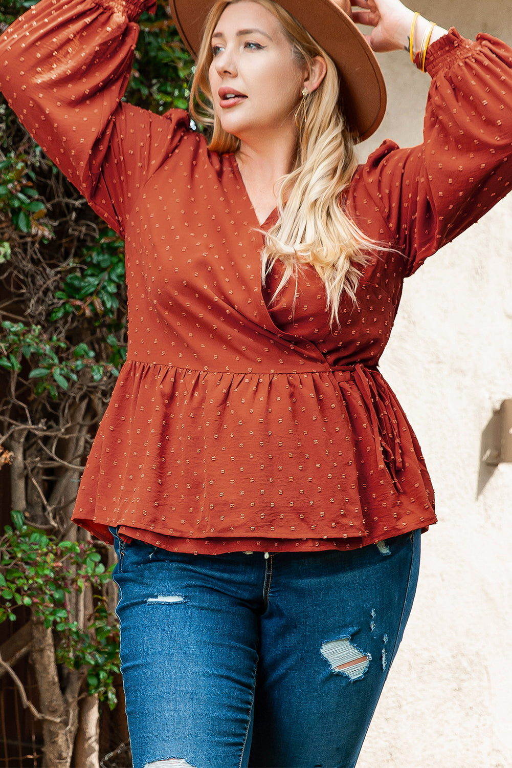 Plus Size Swiss Dot V Neck Wrap Tie Side Blouse | Gold Flame