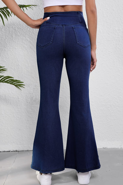 Solid Crossed Waist High Elastic Fit Flare Knit Jeans | Dusk Blue