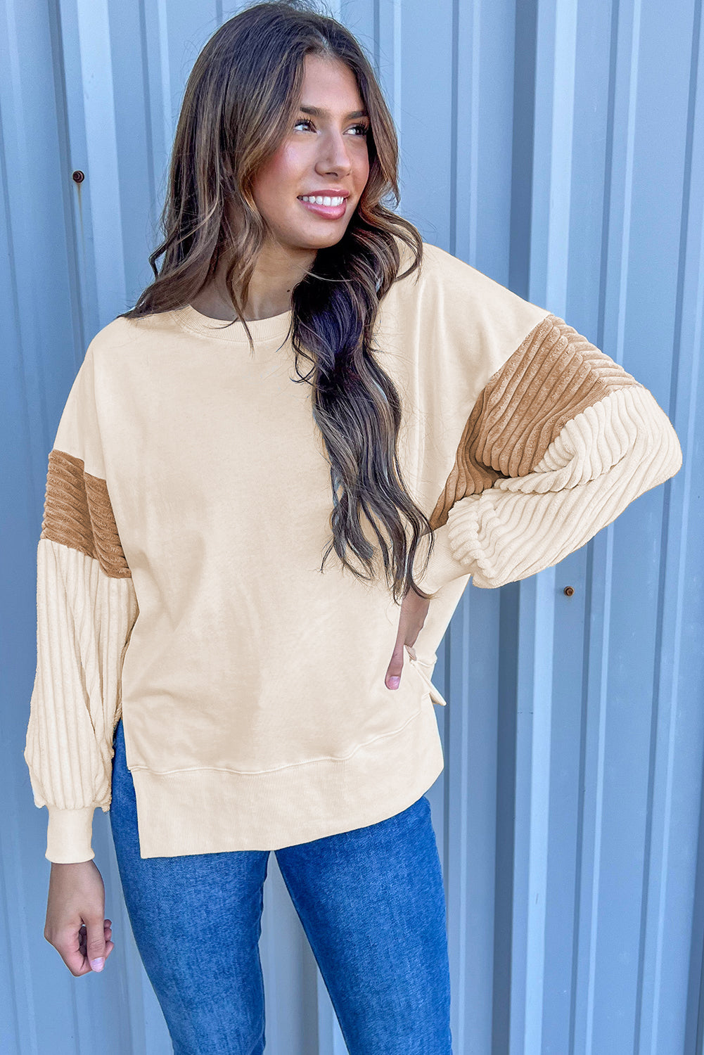 Corduroy Patchwork Drop Shoulder Long Sleeve Sweatshirt | Apricot