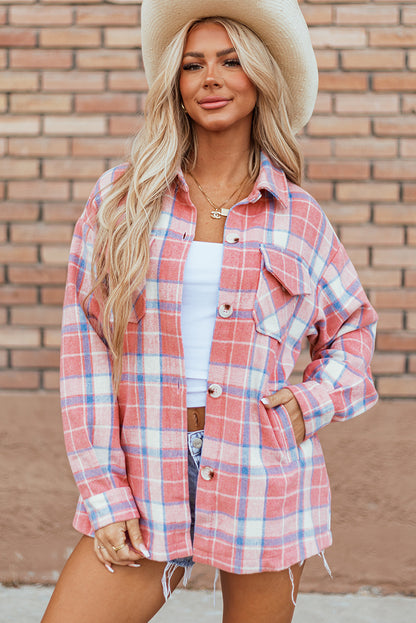 Plaid Flap Pocket Button Up Shacket | Pink