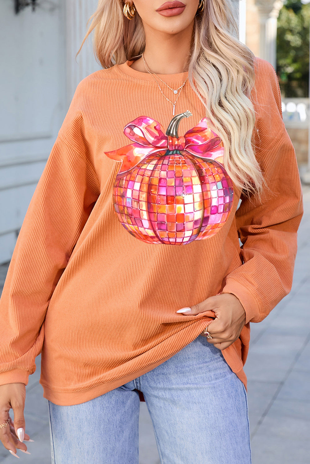 Bow Pumpkin Graphic Crewneck Corded Thanksgiving Sweatshirt | Orange