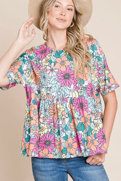 Bohemian Flower Print Flowy Short Sleeve Top | Multicolour