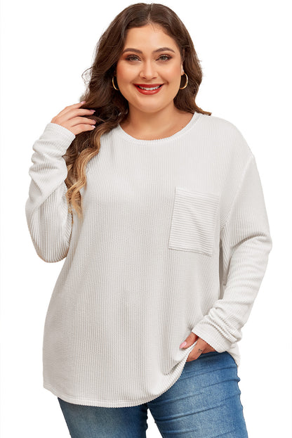 Plus Size Ribbed Textured Long Sleeve T Shirt | White