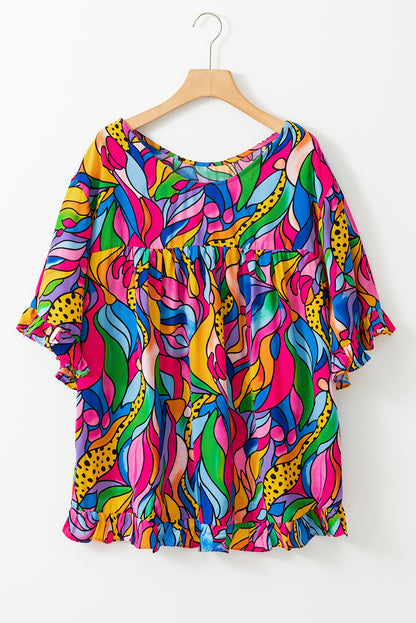 Abstract Print Plus Size Frilly Trim Blouse | Rose