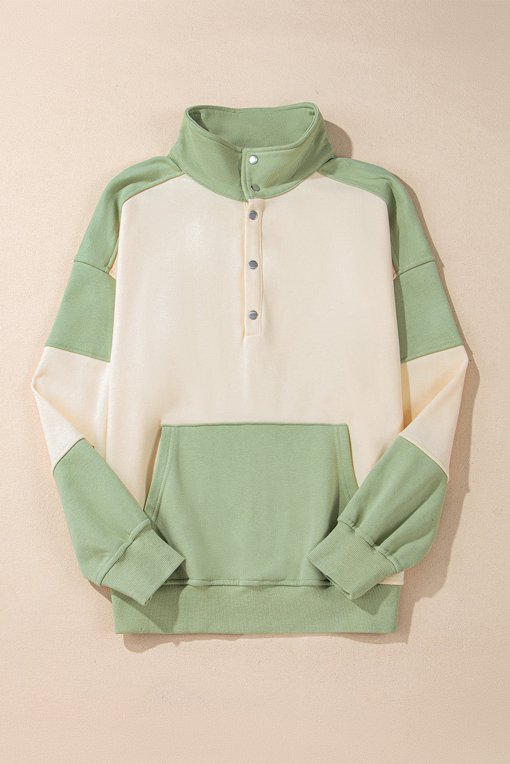 Colourblock Patchwork Buttoned Collar Kangaroo Pocket Sweatshirt | Laurel Green