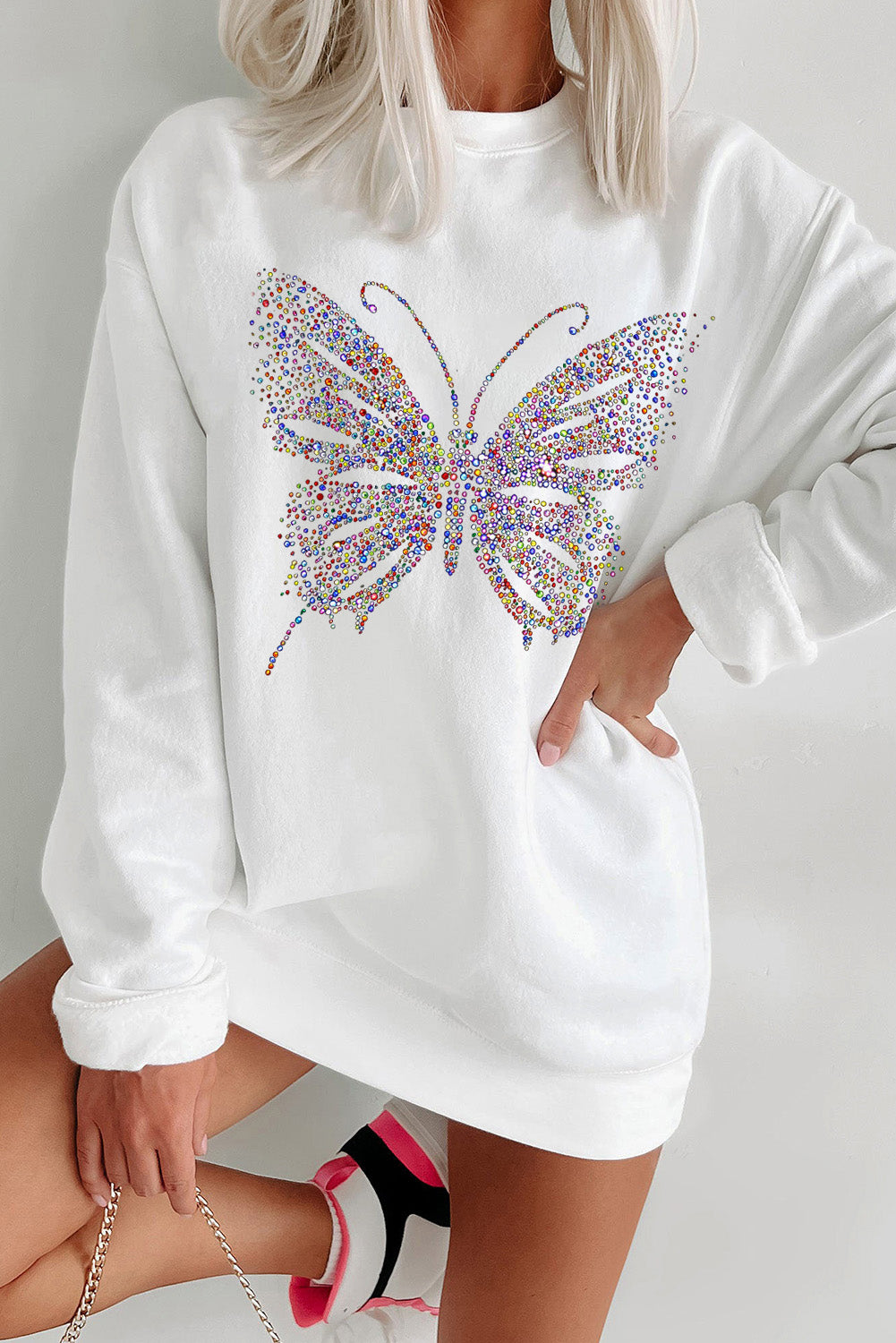 Rhinestone Butterfly Graphic Crewneck Oversized Sweatshirt | White