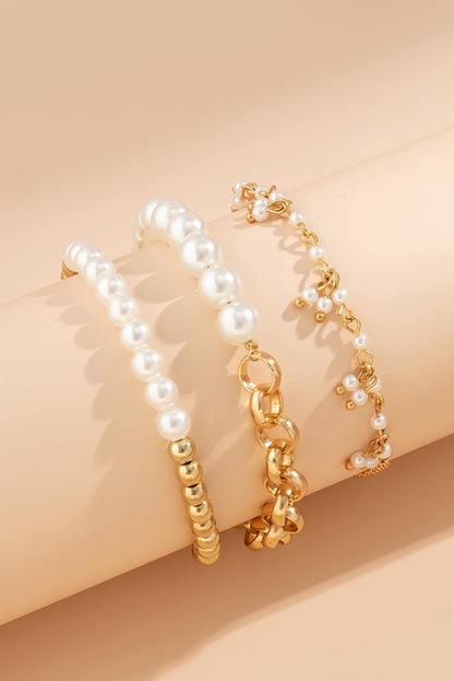 3Pcs Pearl Plated Alloy Beaded Bracelet Set | Gold