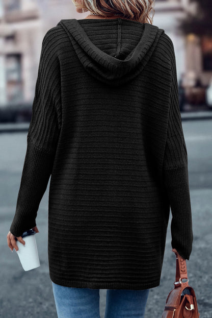 Horizontal Rib Knitted Open Front Hooded Cardigan | Black