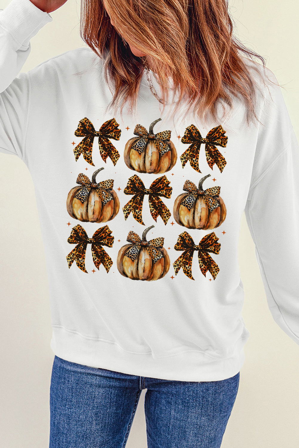 Pumpkin Leopard Bow Knot Print Pullover Sweatshirt | Beige