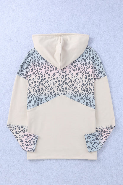 Leopard Patchwork Buttons Hooded Sweatshirt With Pocket | Apricot