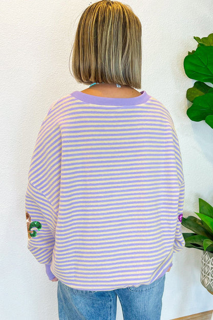 Sequin Fleur De Lis Patched Pattern Long Sleeve Top | Purple Stripe