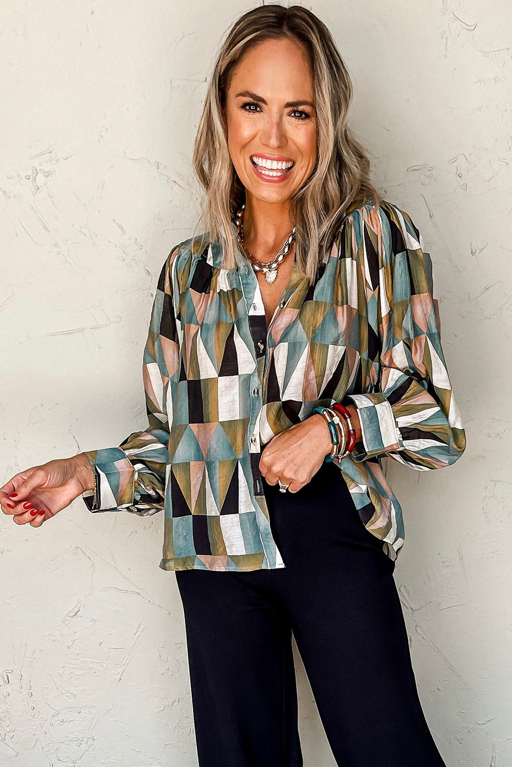 Geometric Print Buttoned Balloon Sleeve Loose Fit Shirt | Green