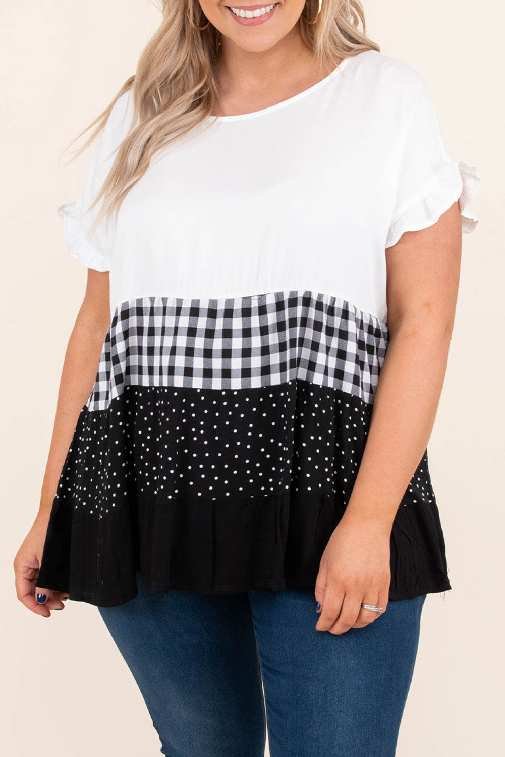 Plaid Dot Ruffled Plus Size Babydoll Top | White